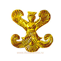 Золотая бляшка в виде фигуры крылатой богини с расходящимися в стороны завитками аканфа вместо ног / www.kulturamira.ru